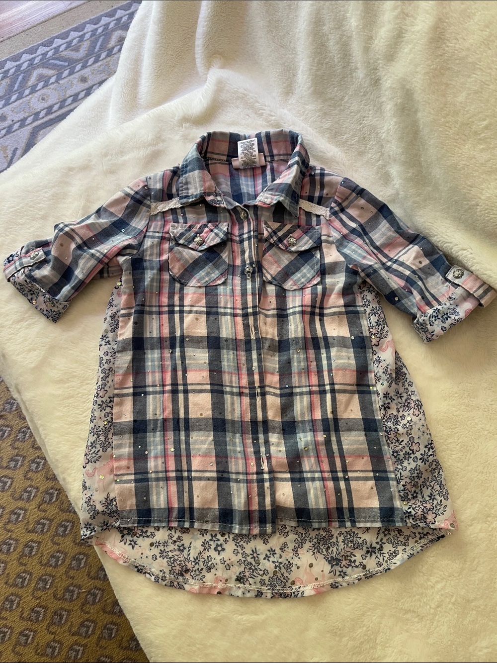 Little Lass Pink and Navy Plaid Button-Down Shirt Dress